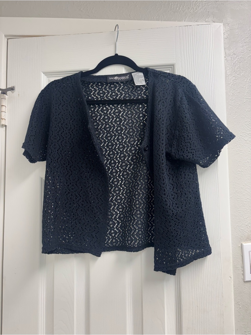 Sag Harbor Black Crochet Open-Front short Sleeve button cardigan